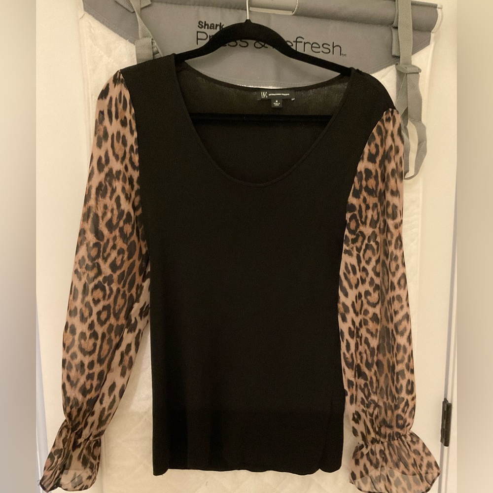 INC International Concepts Black Blouse with Animal Print Sleeves
